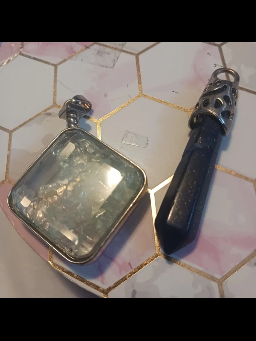 Blue Gemstone & Square Crystal Pendant Duo